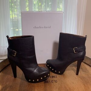 Charles David NIB Biff Brown Leather High Heel Stud Buckle Platform Boots 6.5 B